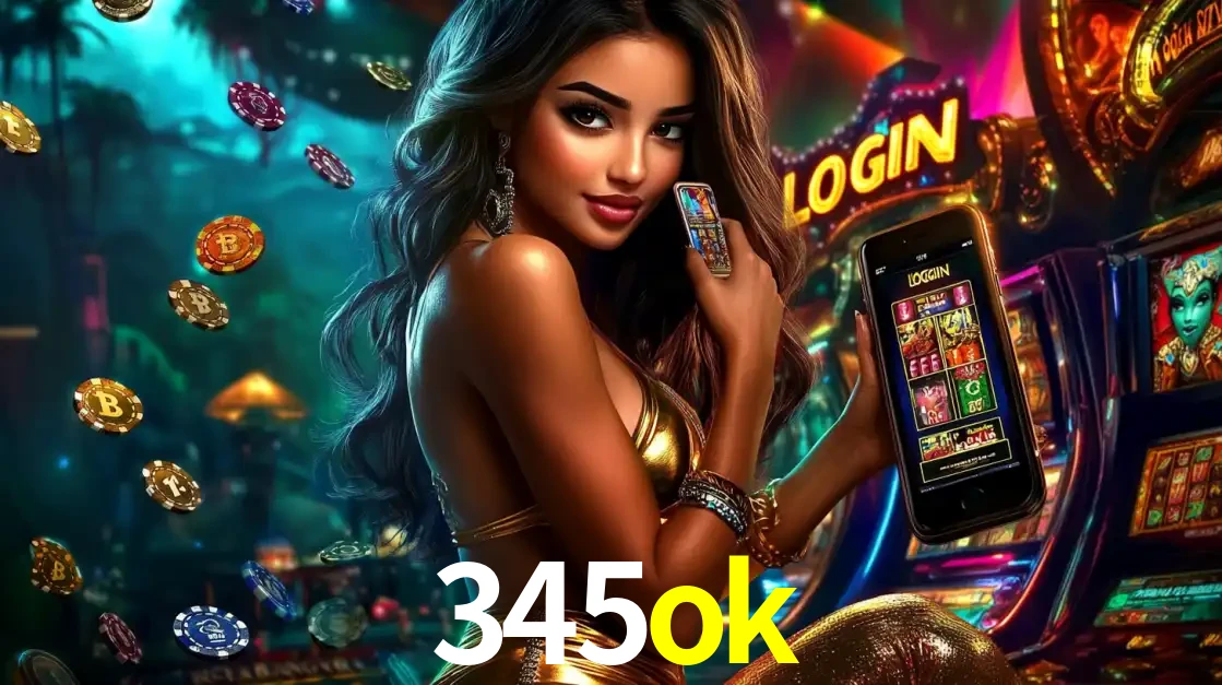 Mulher em um cenário de cassino temático de aventura, mostrando o app de caça-níqueis da 345ok no celular. Fichas de apostas flutuam ao redor.